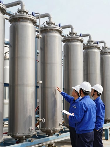 Two water treatment engineers in hardhats inspecting a high-capacity filtration membrane skid, clean neutral daylight, sharp focus.