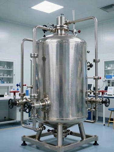 High-capacity pharmaceutical RO plant skid with polished stainless steel piping and multi-port valves in a sterile laboratory environment, bright overhead lighting