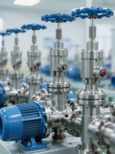 A close-up of a heavy industrial RO skid with stainless steel multi-port valves and high-pressure pumps in a bright, clean Indian manufacturing plant, crisp daylight.