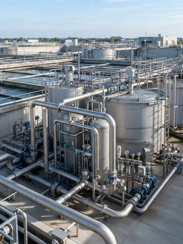 Industrial sewage treatment plant with stainless steel piping and large filtration tanks under bright, clear daylight, crisp focus.