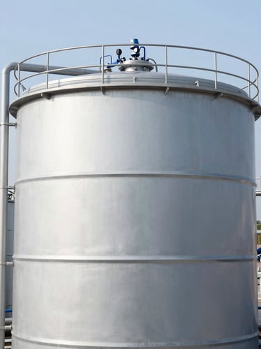 Industrial wastewater treatment clarifier tank operating outdoors under bright daylight, clean metallic structure, professional engineering setting