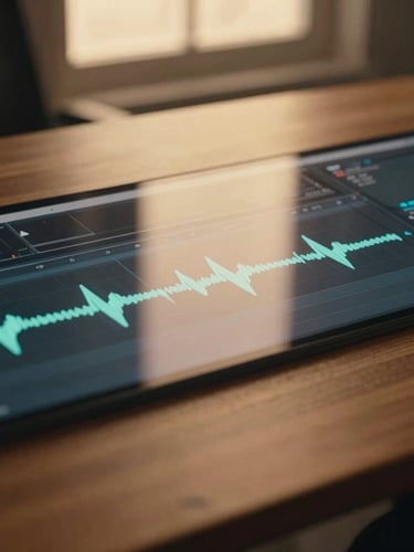 Extreme close-up of a digital video editing timeline, glowing waveforms on a dark screen, warm golden-hour window light reflecting on a clean wooden desk, cinematic 35mm photography