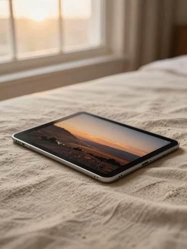 A high-end tablet resting on a clean sand-colored linen surface, displaying a cinematic landscape thumbnail design, soft golden-hour window light, shallow depth of field.