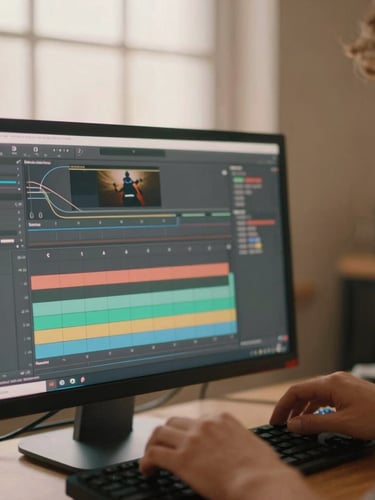 A close-up, shallow depth of field shot of hands working on an editing timeline on a clean, backlit monitor in a warm, sand-toned creative studio, diffused studio glow.