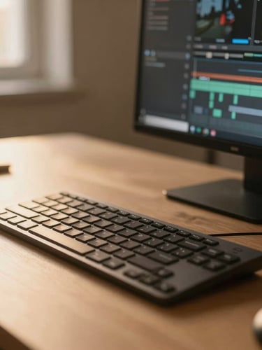 Shallow depth of field close-up of a modern editing desk, warm golden-hour light streaming across a keyboard and a digital screen showing video timelines, minimalist aesthetic, 35mm.