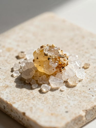 Macro crop of raw mineral salt crystals and high-altitude botanical resin on a flat travertine slab, hard directional sunlight, long shadows, warm ivory and beige tones, ultra-sharp macro, 35mm