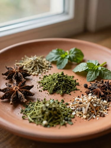 Close-up of fresh spices and herbs on a rustic terracotta plate, warm morning window light, earthy tones, shallow depth of field, 35mm