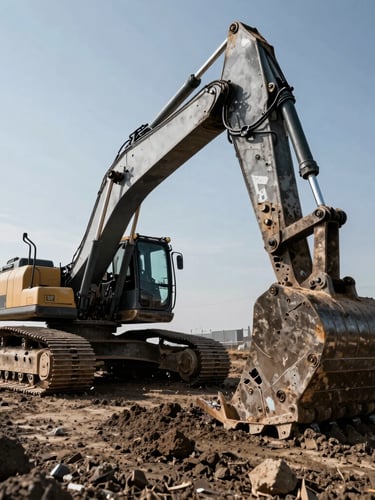 Low-angle heroic shot of a heavy excavator digging deep into dark earth, harsh direct sunlight, high-contrast steel and concrete tones, wide-angle lens, dramatic depth of field.