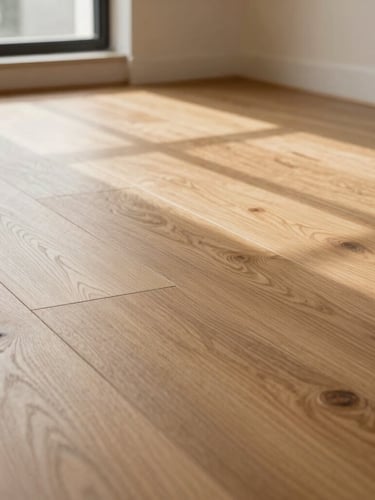 Low-angle architectural shot of a newly laid wide-plank oak floor, natural daylight streaming from a window, highlighting the smooth texture and flush transition to tile.