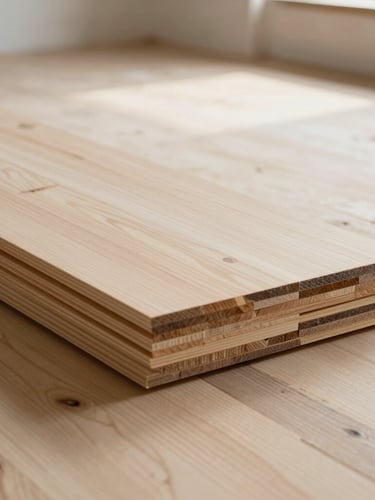 Low-angle shot looking across a freshly prepped, perfectly level plywood subfloor with clean timber planks stacked neatly in a bright, sunlit room, emphasizing structural precision.
