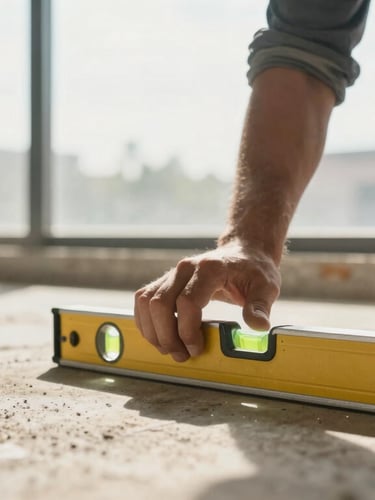 Low-angle close-up of a craftsman using a level on a concrete subfloor, warm daylight streaming through a large window, dust-free environment
