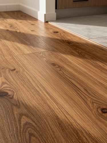 Low-angle architectural shot of luxury vinyl plank flooring with deep oak wood grain texture, natural sunlight streaming across the flush transition to a tiled kitchen.