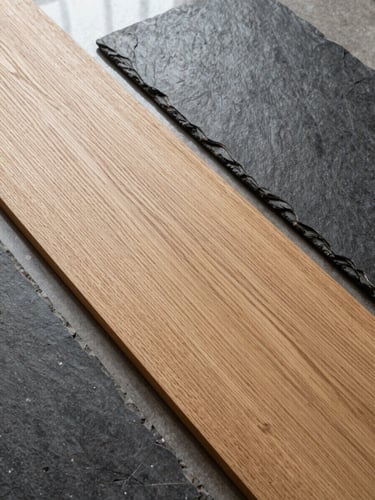 Overhead flatlay of premium oak timber planks and dark slate tiles arranged on a neutral surface, natural window light highlighting wood grain and raw textures
