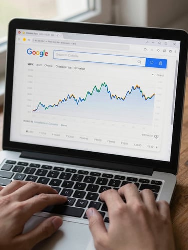 Close-up overhead view of a laptop screen displaying Google Search Console ranking data and traffic trend lines, hands resting at keyboard edge, neutral daylight from a side window, high contrast for chart readability