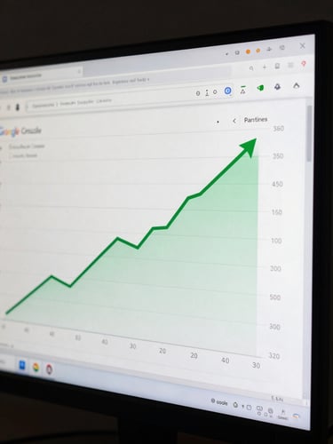 Close-up of a monitor displaying a Google Search Console ranking progression chart, green upward trend line rising from position 40 to position 3, dark background, high contrast, studio lighting, no text overlays visible
