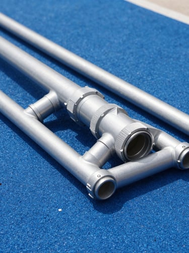 Pristine, newly installed pool equipment pad with clean PVC plumbing runs, bright natural daylight, silver and deep blue tones, sharp focus, 35mm
