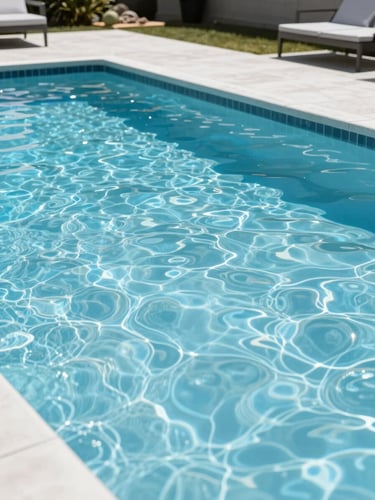 Pristine residential pool with a clean equipment pad in the background, bright natural daylight, silver and deep blue tones, sharp focus, 35mm