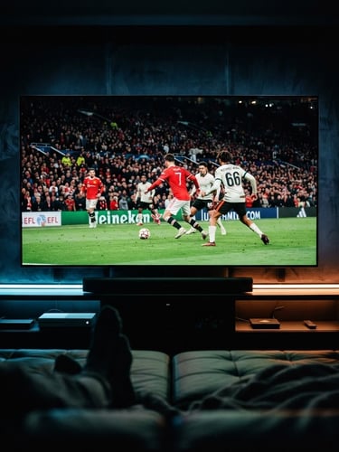 Sleek smart TV mockup displaying a live football match in a dark, moody home theater room with neon ambient glow, 35mm cinematic style