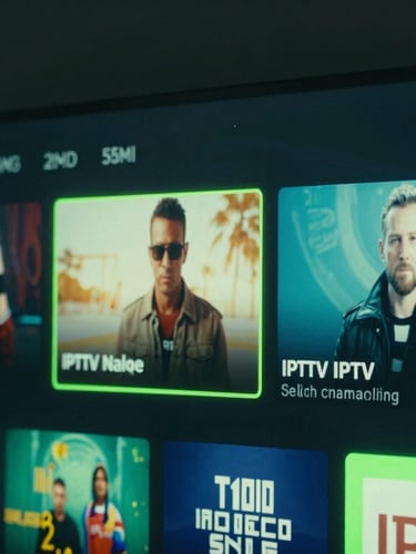 Close-up of a sleek smart TV interface displaying a modern IPTV setup screen, glowing neon green accents, low-key ambient lighting, highly technical