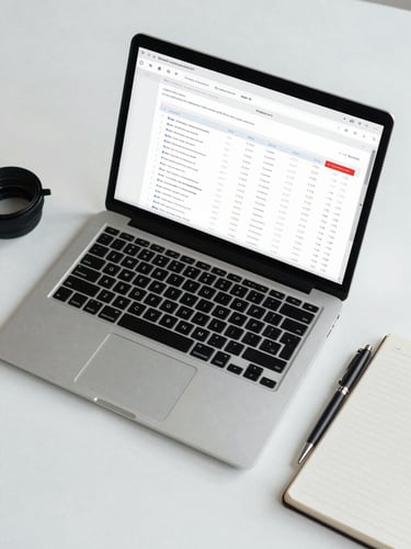 Overhead flat-lay of an open laptop showing an email analytics dashboard, click-rate columns visible in sharp detail, a closed notebook and pen resting beside it on a cool-white desk surface, cool north-facing daylight, minimal shadows