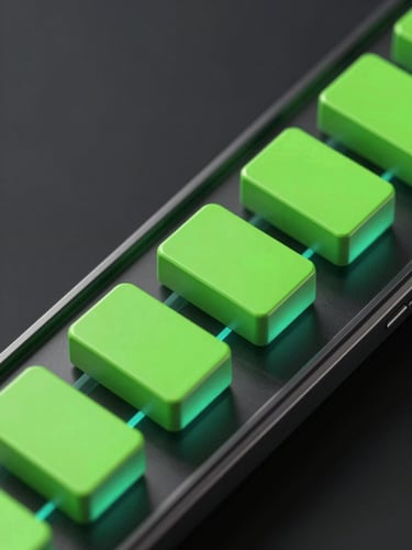 Sleek 3D render of neon green geometric blocks sliding down a dark metallic track, glowing cyan accents, dramatic isometric angle, macro close-up of mobile screen