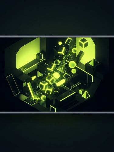 Sleek 3d render of a minimalist physics game on an Android screen, neon backlighting with deep shadows, glowing lime green blocks tumbling, sharp isometric perspective, octane render
