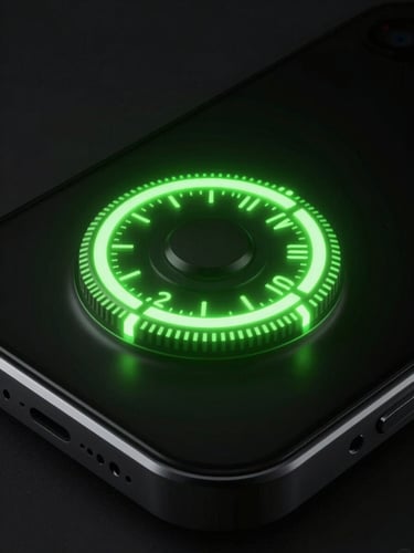 Sleek 3D render of a glowing mechanical dial on a dark smartphone interface, intense lime green edge lighting, deep shadows, dramatic macro framing