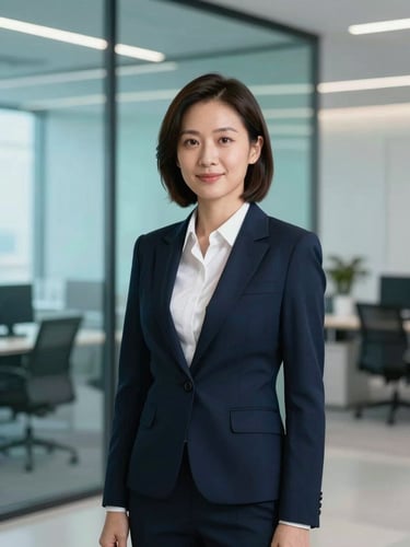 Professional portrait of a female executive in a modern architectural office with cool-toned lighting and subtle turquoise screen reflections, 35mm lens