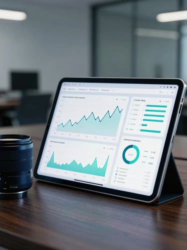 Sleek corporate photography, cool executive office lighting, deep navy and sharp turquoise accents, 35mm lens. Close-up of a modern tablet display showing clean financial dashboards and predictive line charts on a dark wood boardroom table, soft background depth.