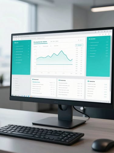 Sleek corporate photography. Close-up of a high-end executive desk with a modern display showing clean, minimalist financial dashboards. Cool-toned office daylight, sharp turquoise reflections, 35mm lens.