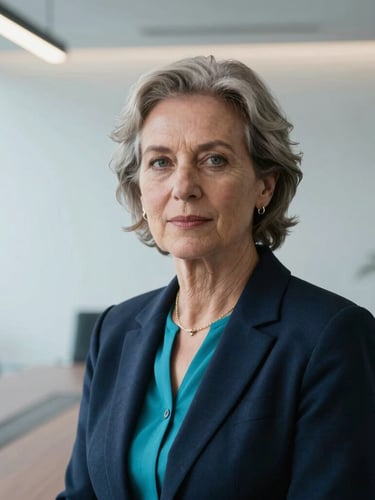 Medium close-up portrait of a senior female data strategist in a minimalist boardroom, cool daylight, deep navy tones, sleek corporate photography