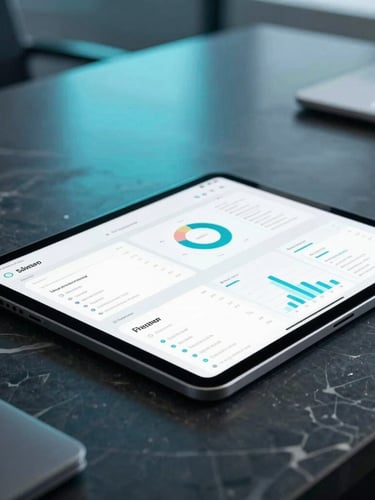 Sleek corporate photography, a close-up of a modern executive tablet showing clean data visualizations on a dark marble desk, cool executive office lighting with subtle turquoise reflections, shallow depth of field, 35mm lens