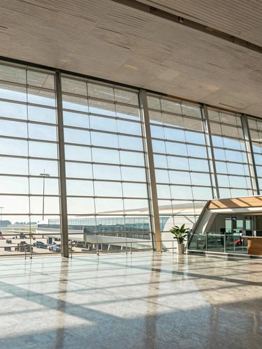 A wide-angle, clean architectural shot of a modern airport terminal lobby with bright morning light pouring through glass panels, casting sharp geometric shadows.