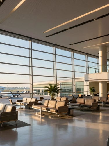 Wide angle shot of a pristine modern airport lounge at sunrise, golden light casting long shadows across architectural glass and steel, 35mm editorial photography