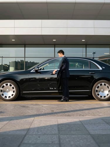 Side view of a premium black sedan parked outside a modern airport terminal, chauffeur in a dark suit holding the door open, crisp morning shadows on clean pavement, 35mm editorial photography