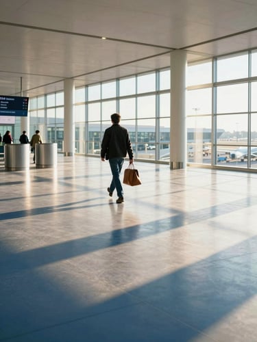 A portrait photograph of a modern airport terminal at sunrise, bright morning light casting crisp architectural shadows across polished floors, a single traveler walking with a sleek leather bag in the distance, blue and gold tones, 35mm.