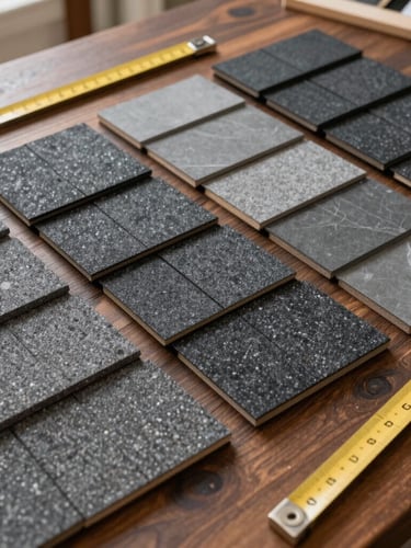 Selection of grey and black granite tile samples arranged on a wooden table with a measuring tape.