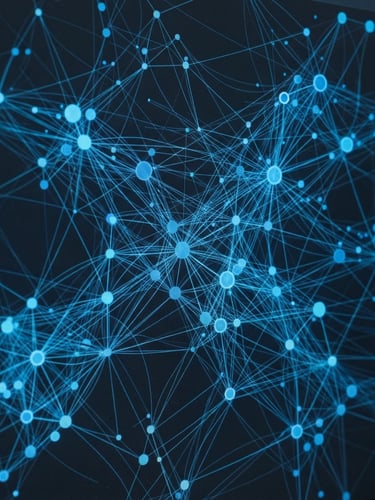 Macro close-up of a dark data dashboard on a screen, glowing blue network nodes, crisp studio lighting, cool slate tones, sharp focus, 35mm