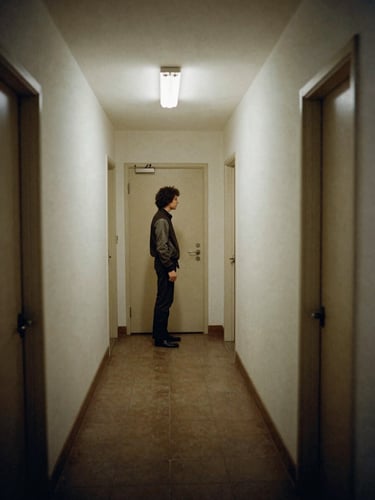 Wide shot from the left edge looking right—a domestic hallway in soft fluorescent light, a figure standing near a far door in 1980s clothing, grain visible in the shadow areas, slightly underexposed, the quality of mid-decade color film
