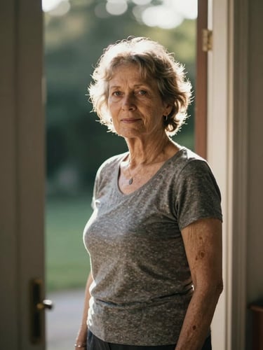 Portrait of a woman in her seventies standing in a doorway, backlit by afternoon sun, digital capture, slight lens flare, no correction