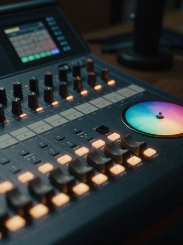 Tight macro shot of a high-end physical editing console with glowing backlit keys and a color wheel in a moody, low-key Shoreditch studio, letterbox format, 35mm film grain.
