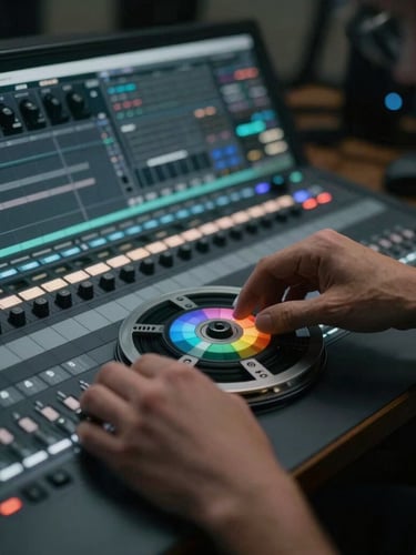 A close-up of a high-end editing bay in Shoreditch, moody low-key lighting, hands adjusting a professional color grading wheel, 35mm film grain, letterbox format.