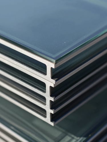 Close-up of laminated glass edges showing perfect alignment of three structural layers, cool crisp daylight, high contrast.