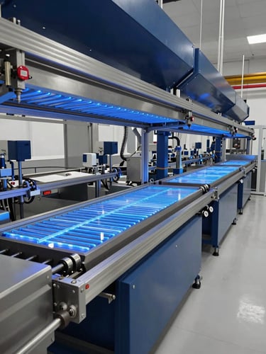 Cool crisp industrial glass tempering line with glowing blue heating elements, wide-angle technical perspective, silver and deep navy tones.