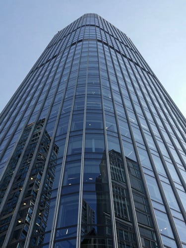 Wide-angle architectural perspective looking up at a modern skyscraper glass facade reflecting cool crisp daylight, deep navy and silver tones