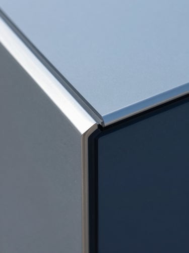 Macro photograph of a structural glass panel edge, showing flawless lamination and polished borders, cool daylight highlighting the silver and navy tones.