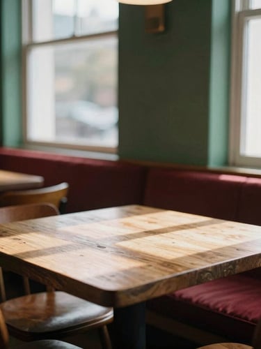Cozy Scandinavian-style restaurant interior, soft morning window light, rustic wooden tables, rich shadows, shallow depth of field, 35mm photography.