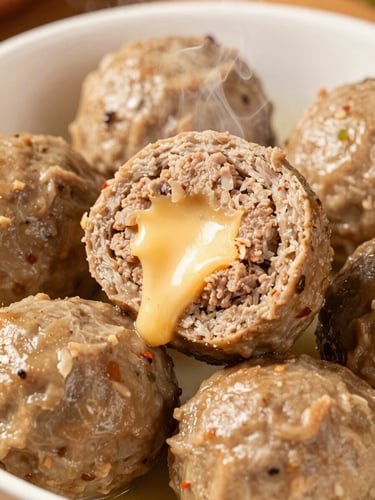 Extreme close-up of a steaming bowl of bakso, a meatball cut in half showing a melting cheese center, rich warm overhead lighting, macro depth of field