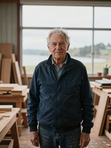 Moody editorial portrait of an elderly New Zealand business owner in a well-lit timber workshop, soft overcast daylight, 35mm photography.