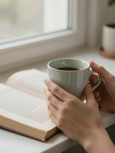 Close-up of hands holding a ceramic mug next to an open devotional page, soft morning window light, muted sand and sage tones, shallow depth of field, 35mm